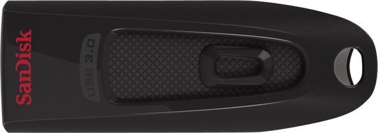 Zwarte SanDisk Cruzer Ultra USB 3.0 stick van 32GB, van bovenaf gezien, met gestructureerd grip-gedeelte en sleutelhangergat.