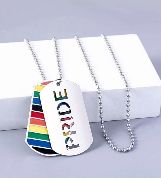 Ketting met 2 rvs hangers Pride LGBT regenboog