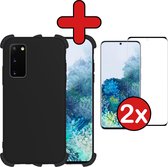 Samsung S20 Hoesje Zwart Siliconen Shockproof Case Met 2x Screenprotector - Samsung Galaxy S20 Hoes Shock Proof Cover Met 2x Screenprotector - Zwart