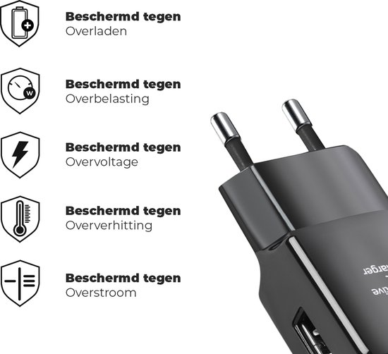 Zwarte oplader en pictogrammen die bescherming bieden tegen overladen, overbelasting, overspanning, oververhitting en overstroom.