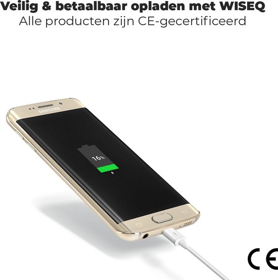 Samsung smartphone met verguld frame laadt op met een witte kabel. CE-gecertificeerd.