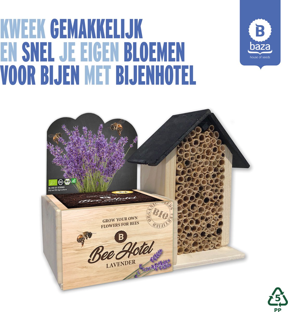 Bijenhotel inclusief BIO zaden Lavendel complete kweekset FSC Hout
