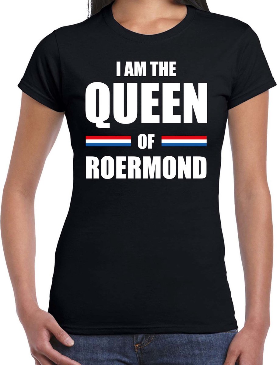 Koningsdag t-shirt I am the Queen of Roermond zwart dames