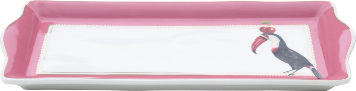 Yvonne Ellen Cakeschaal toekan roze - porselein - dierenprint - rozerand - rechthoekig - serveerschaal