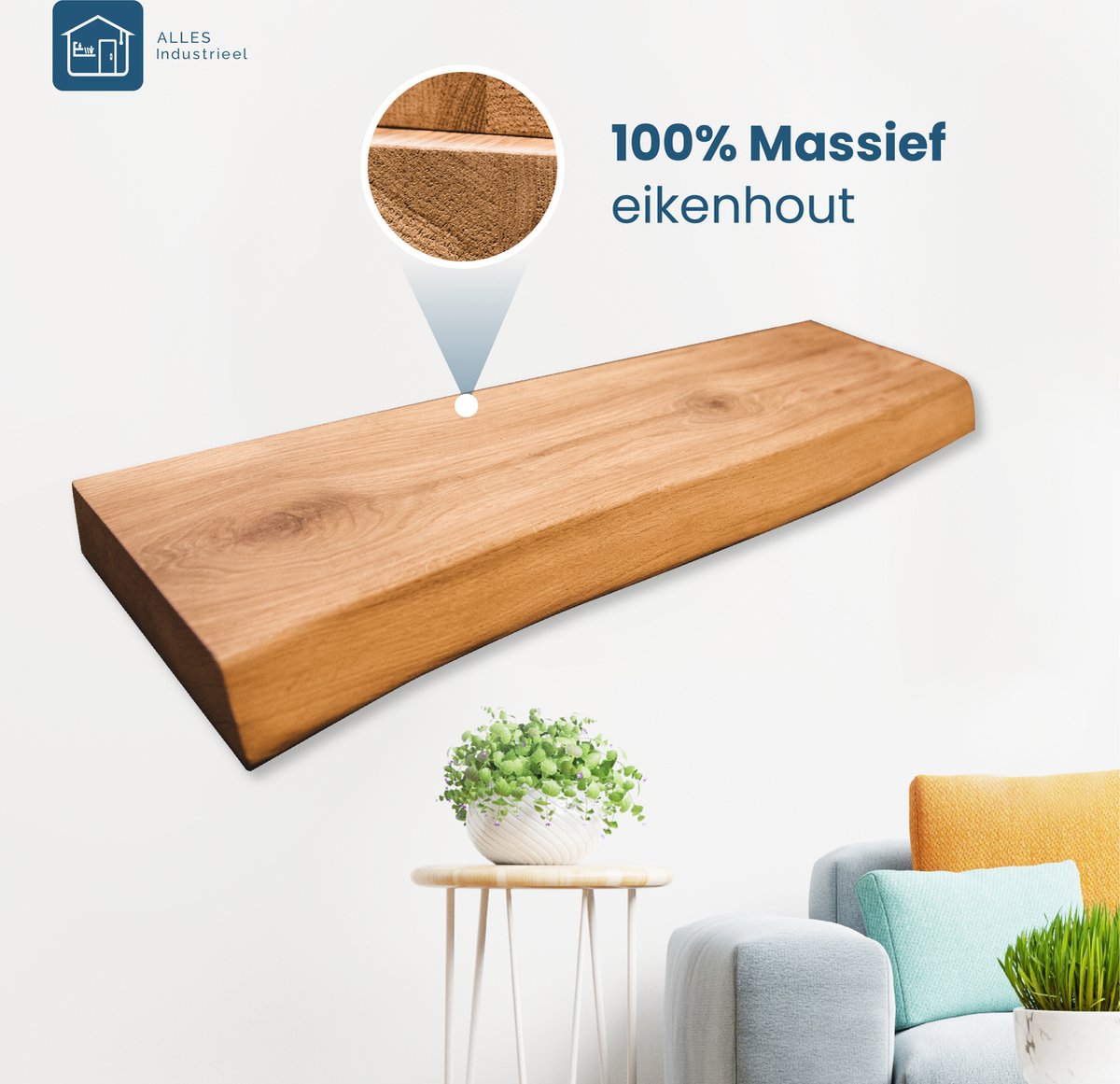 Alles Industrieel Zwevende Wandplank Eiken - Zwevend Wandplankje Hout - Boomstam Effect - 100cm Houtkleur