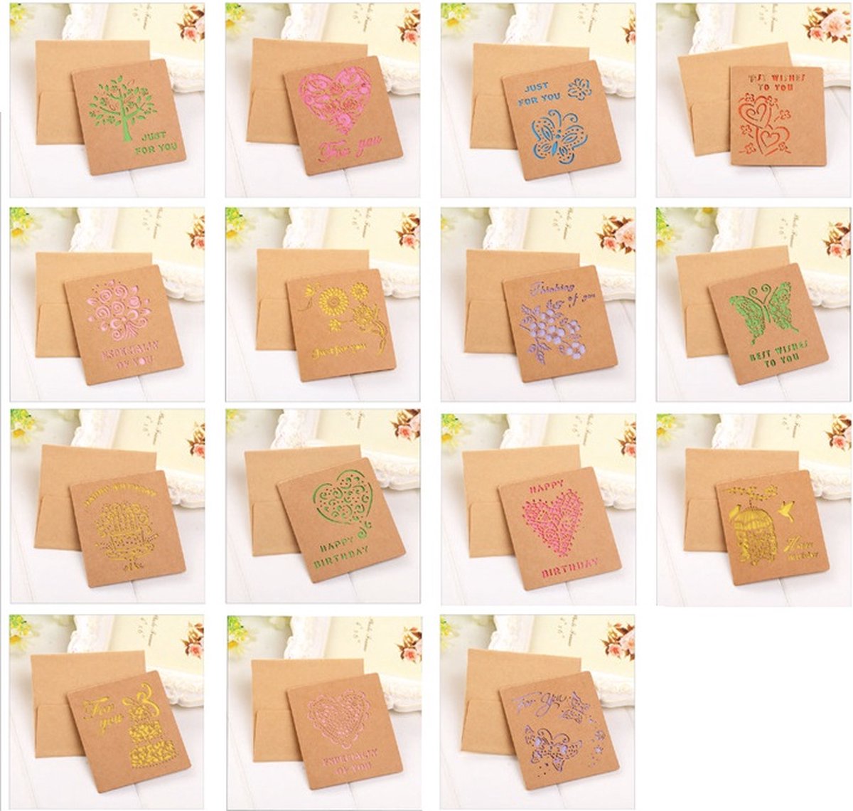 SUNMOOL Wenskaarten - Happy Birthday - Verjaardag - 8x9cm - Gevouwen kaarten met enveloppen - 15 Stuks