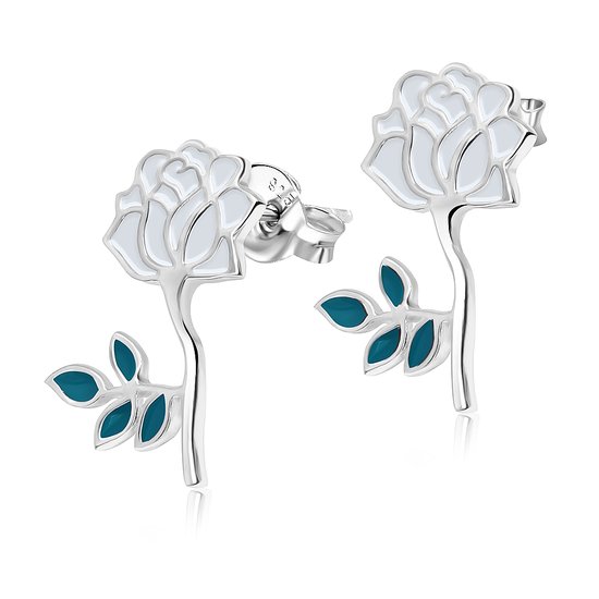 Joy|S - Zilveren roos oorbellen - wit - 11 x 16 mm - bloem oorknoppen