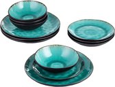 Serviesset 4 Persoons - 12 Delig Servies - Borden Aardewerk - Kommen - Turquoise - Vintage Design - Keramiek - Diepe Borden