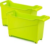 Set van 2x stuks kunststof trolleys lime groen op wieltjes L45 x B17 x H29 cm - Voorraad/opberg boxen/bakken