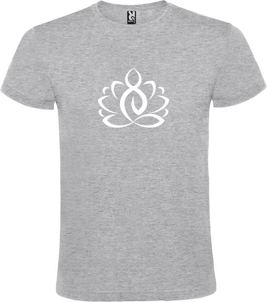 Grijs  T shirt met  print van "Lotusbloem met Boeddha " print Wit size S