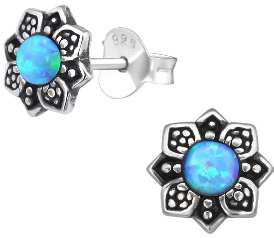 Joy|S - Zilveren bloem oorbellen - 7 mm - azure blauw - massief - Bali oorknoppen