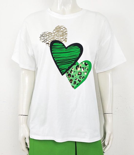Basic t-shirt met groene hartjes | wit | draagbaar tot maat L