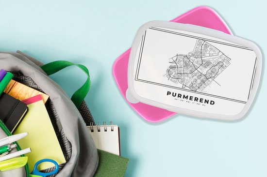 Breadbox Pink - Lunchbox - Breadbox - Plan de la ville - Zwart Wit - Carte - Purmerend - Pays- Nederland - Carte - 18x12x6 cm - Enfants - Fille