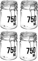 4x stuks inmaakpotten/voorraadpotten 0,75L glas met beugelsluiting - 750 ml - Voorraadpotten met luchtdichte sluiting