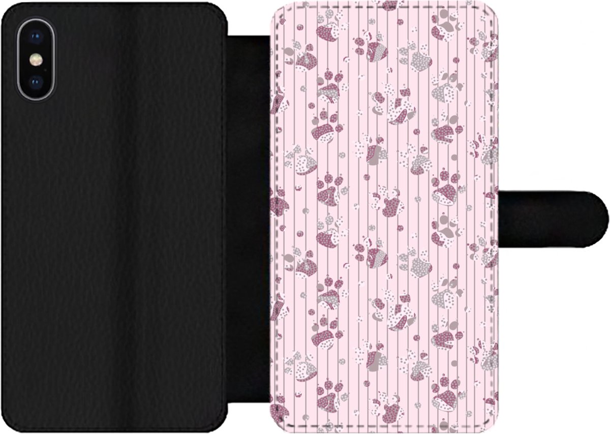 Bookcase Geschikt voor iPhone XS telefoonhoesje - Hond - Roze - Patronen - Paars - Meisjes - Kinderen - Kids - Met vakjes - Wallet case met magneetsluiting - Merkloos