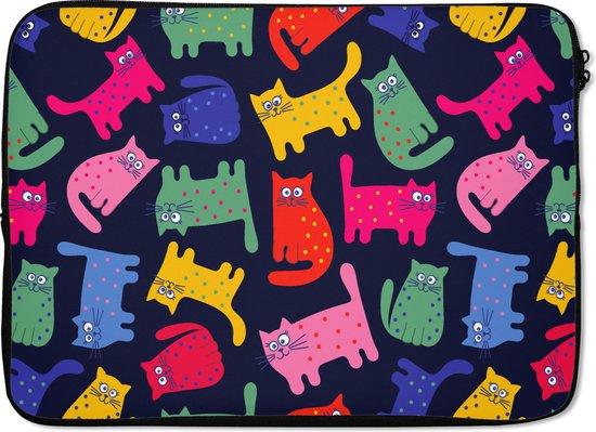 Laptophoes 13 inch - Patronen - Kat - Regenboog - Roze - Meisjes - Kinderen - Kindje - Laptop sleeve - Binnenmaat 32x22,5 cm - Zwarte achterkant