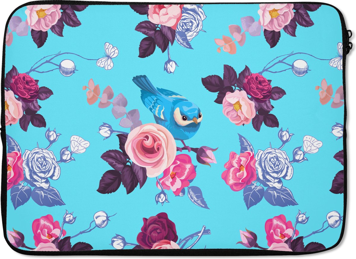 Laptophoes 13 inch - Vogel - Bloemen - Patronen - Laptop sleeve - Binnenmaat 32x22,5 cm - Zwarte achterkant