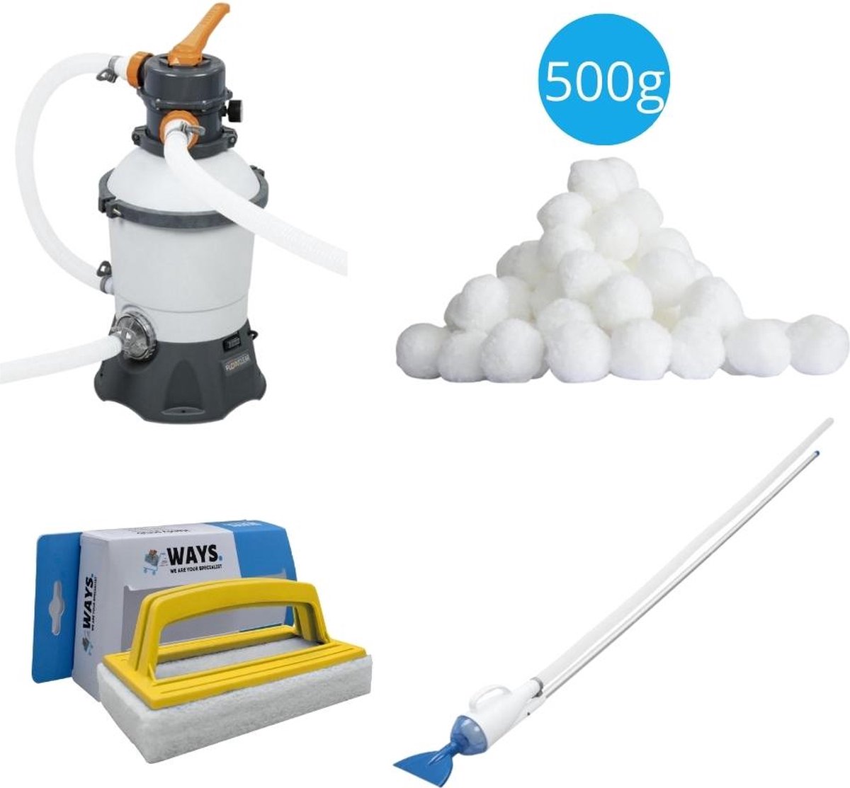 Bol.com Bestway - Zwembadstofzuiger AquaCrawl & Zandfilterpomp 3028 L/u & Filterbollen 500 g & WAYS Scrubborstel aanbieding