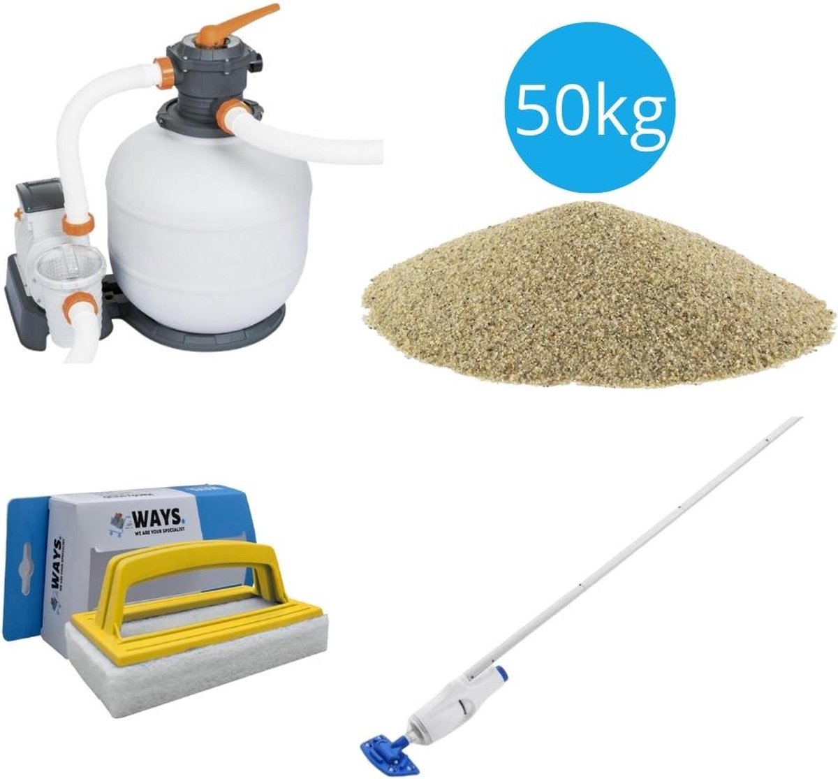 Bol.com Bestway - Zwembadstofzuiger AquaReach & Zandfilterpomp 8327 L/u & Filterzand 50 kg & WAYS Scrubborstel aanbieding