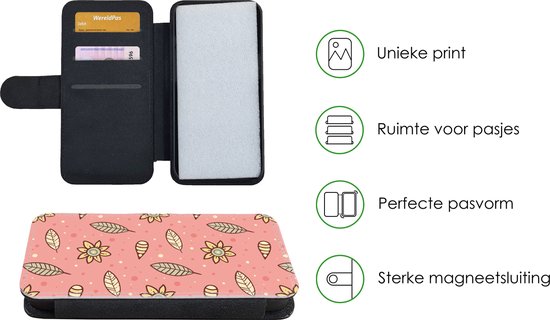 Zwart telefoonhoesje met portemonnee-functie. De klep is roze met een print van gele bloemen en bruine blaadjes.