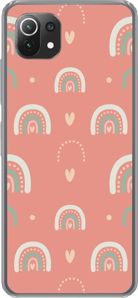 Telefoonhoesje Geschikt voor Xiaomi Mi 11 Lite hoesje - Meisjes - Regenboog - Hartjes - Patronen - Girl - Roze - Kinderen - Kind - Siliconen Telefoonhoesje Telefoonhoesje
