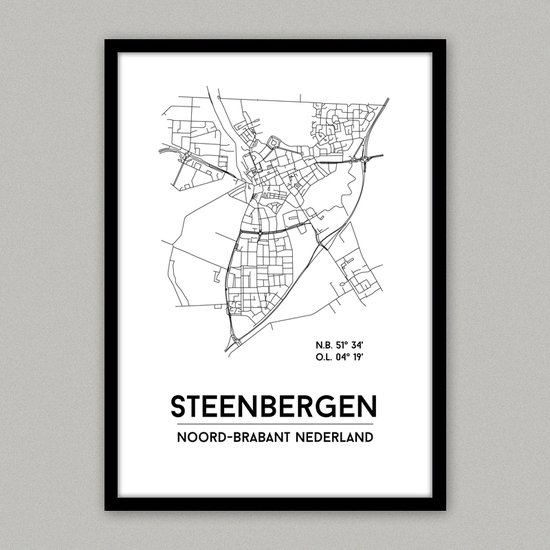 Steenbergen city poster, A3 (30x40 cm) met lijst, plattegrond poster, woonplaatsposter, woonposter