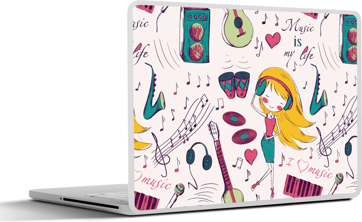 Laptop sticker - 17.3 inch - Meiden - Muziek - Koptelefoon - Patronen - Girl - Roze - Kinderen - Kind - 40x30cm - Laptopstickers - Laptop skin - Cover