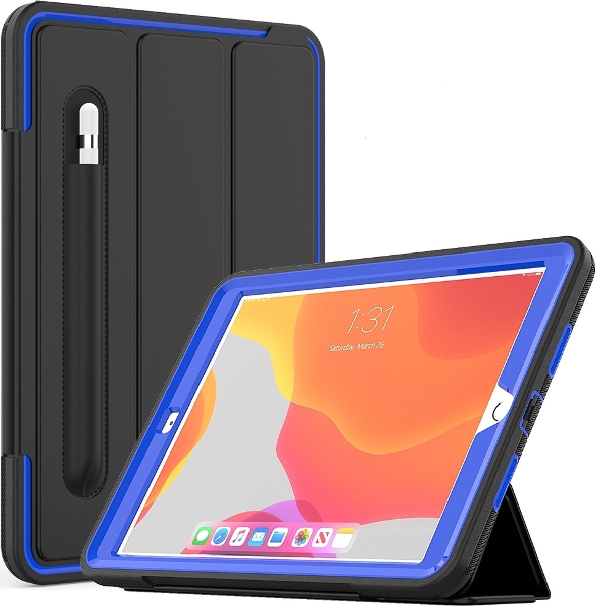 Mobigear Tablethoes geschikt voor Apple iPad 9 (2021) Hoes | Mobigear Tri-Fold Folio Bookcase + Stylus Houder - Zwart / Blauw
