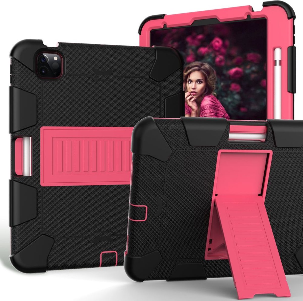 Mobigear Tablethoes geschikt voor Apple iPad Air 5 (2022) Hardcase Backcover | Mobigear ShieldStand + Stylus Houder | Schokbestendig iPad Air 5 (2022) Telefoonhoesje | Anti Shock Proof + Standaard - Zwart / Roze