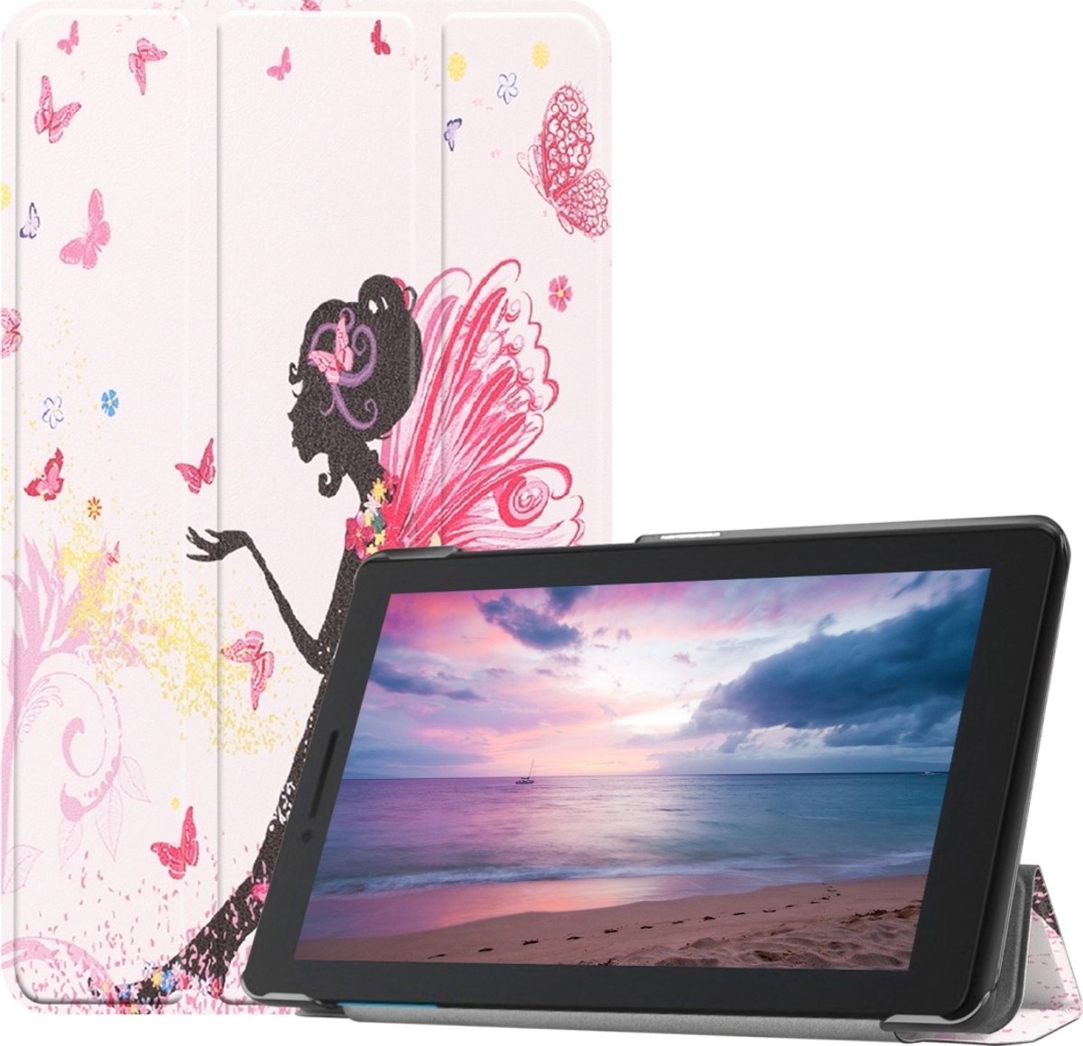 Mobigear Tablethoes geschikt voor Lenovo Tab E8 Hoes | Mobigear Tri-Fold Bookcase - Vlinder Fee | Roze