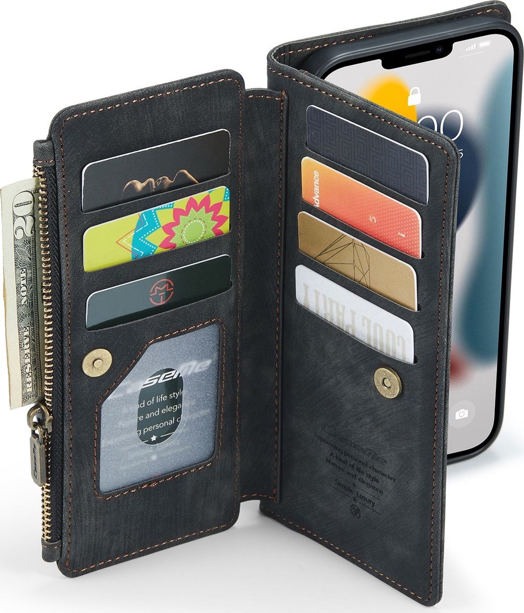 CaseMe voor iPhone SE & 5s & 5 multifunctionele lederen Billfold met afneembare magnetische PC beschermende hoes & 13 Card Slots & 1 foto Frames & 1 rits portemonnee & 2 magnetische slotjes & Holder(Brown)