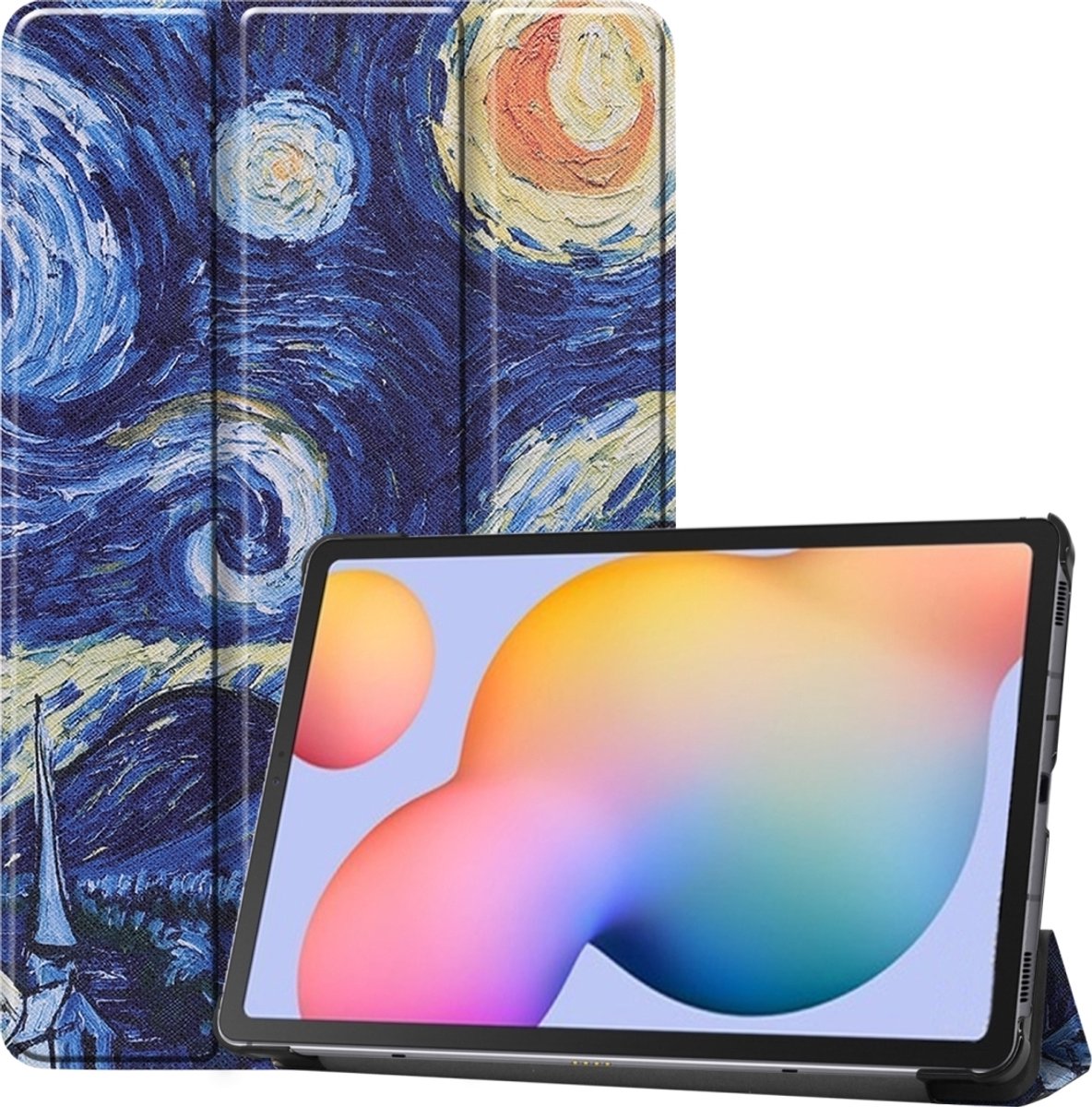 Mobigear Tablethoes geschikt voor Samsung Galaxy Tab S6 Lite Hoes | Mobigear Tri-Fold Bookcase - The Starry Night | Blauw