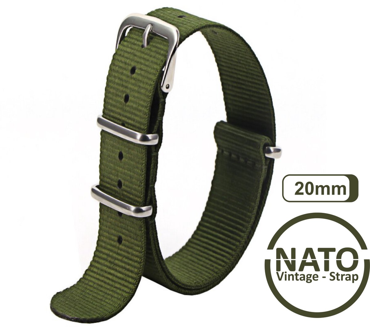 20mm Nato Strap Leger Groen - Vintage James Bond - Nato Strap collectie - Mannen - Horlogebanden - Legergroen 20 mm bandbreedte voor oa. Seiko Rolex Omega Casio en Citizen
