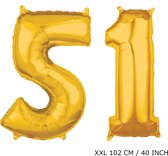 Mega grote XXL gouden folie ballon cijfer 51 jaar.  leeftijd verjaardag 51 jaar. 102 cm 40 inch. Met rietje om ballonnen mee op te blazen.