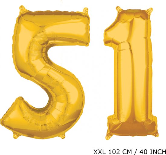 Mega grote XXL gouden folie ballon cijfer 51 jaar.  leeftijd verjaardag 51 jaar. 102 cm 40 inch. Met rietje om ballonnen mee op te blazen.