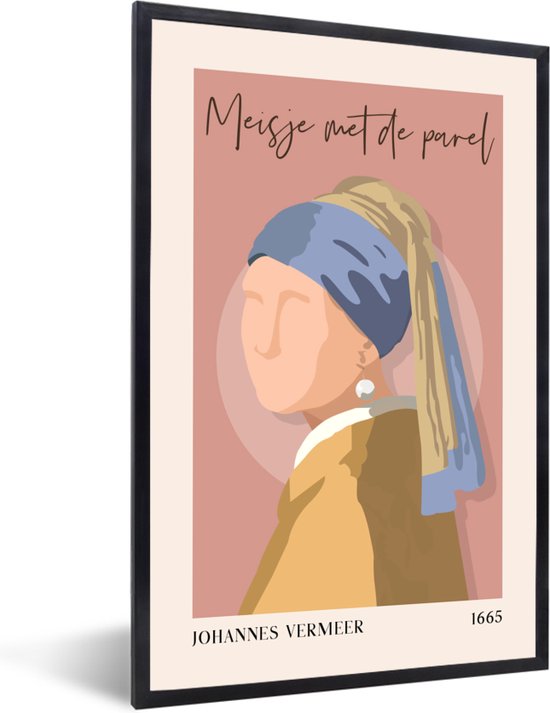 Poster met lijst - Kamer decoratie aesthetic - Meisje met de parel - Vermeer - Oude meesters - Roze - Kamer decoratie tieners - Aesthetic posters - 20x30 cm