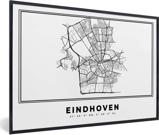 Cadre photo avec poster Zwart et Wit- Plan de ville - Zwart et Wit - Carte - Eindhoven - Nederland - Carte - 90x60 cm - Cadre poster