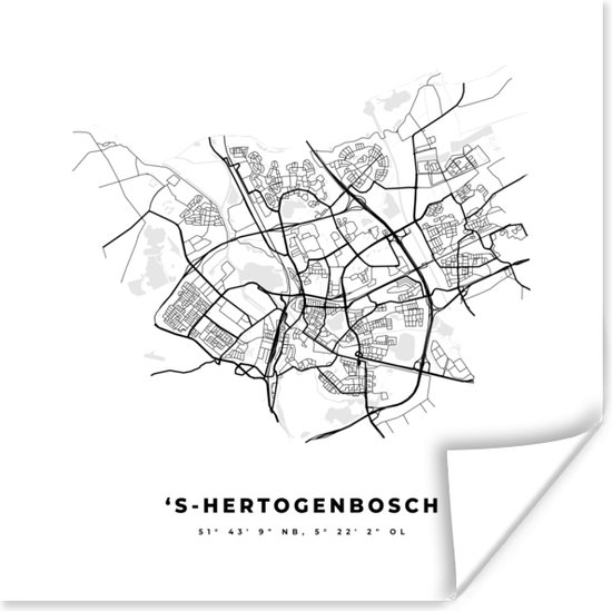 Poster Nederland – 'S Hertogenbosch – Stadskaart – Kaart – Zwart Wit – Plattegrond - 75x75 cm