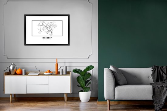 Cadre photo avec affiche Zwart Wit- België - Hasselt - Plan de la ville - Carte - Zwart Wit - Carte - 90x60 cm - Cadre pour affiche