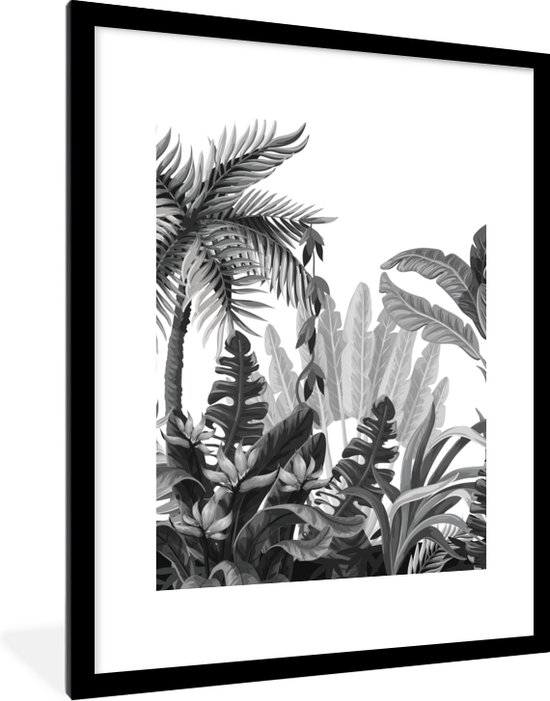Fotolijst incl. Poster Zwart Wit- Bladeren - Zwart wit - Jungle - 60x80 cm - Posterlijst