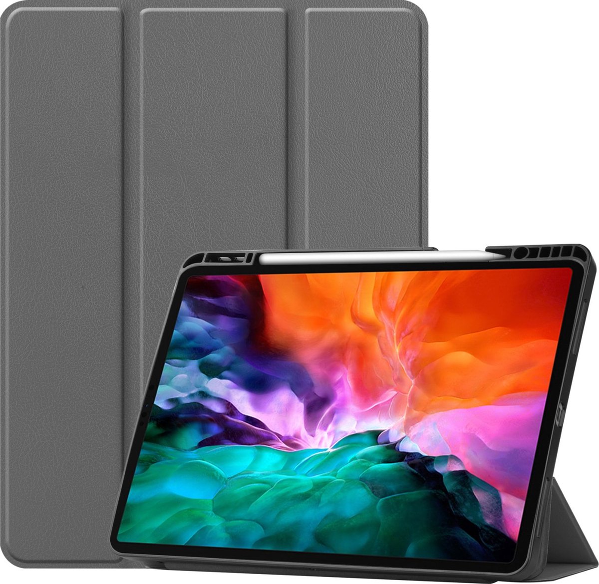 Mobigear Tablethoes geschikt voor Apple iPad Pro 12.9 Inch (2021) Hoes | Mobigear Tri-Fold Gel Bookcase + Stylus Houder - Grijs