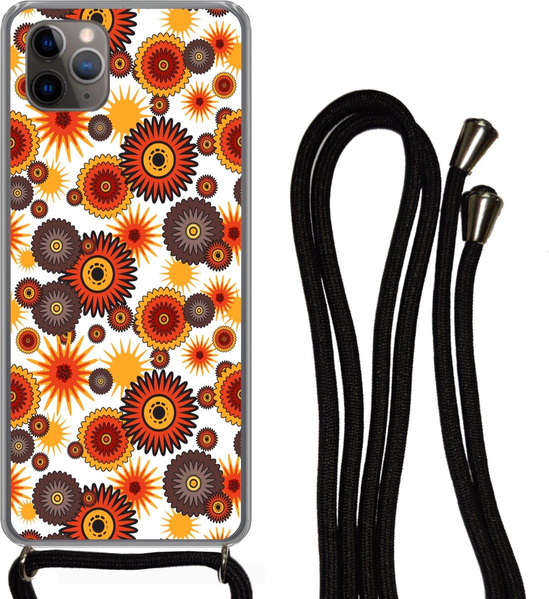 Telefoonhoesje Geschikt voor iPhone 11 Pro - Design - Retro - Oranje - Bloemen - Siliconen - Crossbody - Backcover met Koord - Telefoonhoesje met koord - Hoesje met touw Telefoonhoesje