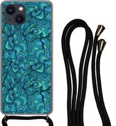 Hoesje met koord Geschikt voor iPhone 13 Mini - Design - Vintage - Blauw - Turquoise - Siliconen - Crossbody - Backcover met Koord - Telefoonhoesje met koord - Hoesje met touw