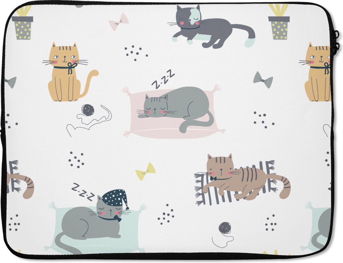 Laptophoes 15.6 inch - Katten - Huisdieren - Patronen - Laptop sleeve - Binnenmaat 37x26 cm - Zwarte achterkant