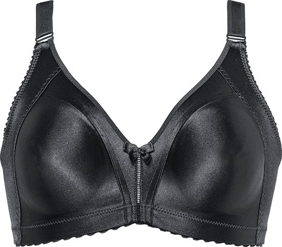 Zwarte minimizer bh met glanzend patroon, ritssluiting aan de voorzijde en een strikje. Rand met decoratieve stiksels.