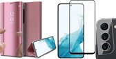 Samsung Galaxy S22 Hoesje - Book Case Spiegel Wallet Cover Hoes Roségoud - Full Tempered Glass Screenprotector - Camera Lens Protector