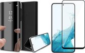 Hoesje geschikt voor Samsung Galaxy S22 - Book Case Spiegel Wallet Cover Hoes Zwart - Full Tempered Glass Screenprotector