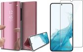 Coque Samsung Galaxy S22 - Book Case Mirror Wallet Cover Case Rose Gold - Protecteur d'écran en Tempered Glass trempé