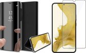 Samsung Galaxy S22 Plus Hoesje - Book Case Spiegel Wallet Cover Hoes Zwart - Tempered Glass Screenprotector