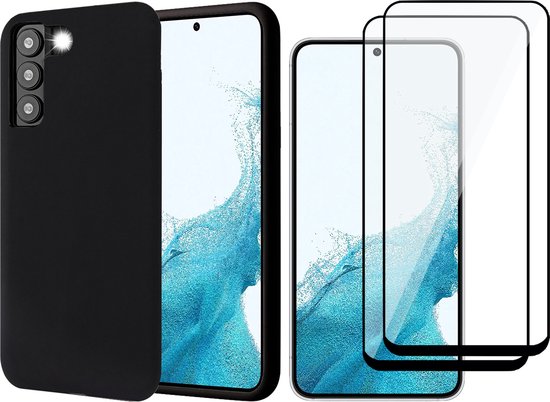 Hoesje geschikt voor Samsung Galaxy S22 - Matte Back Cover Microvezel Siliconen Case Hoes Zwart - 2x Full Tempered Glass Screenprotector